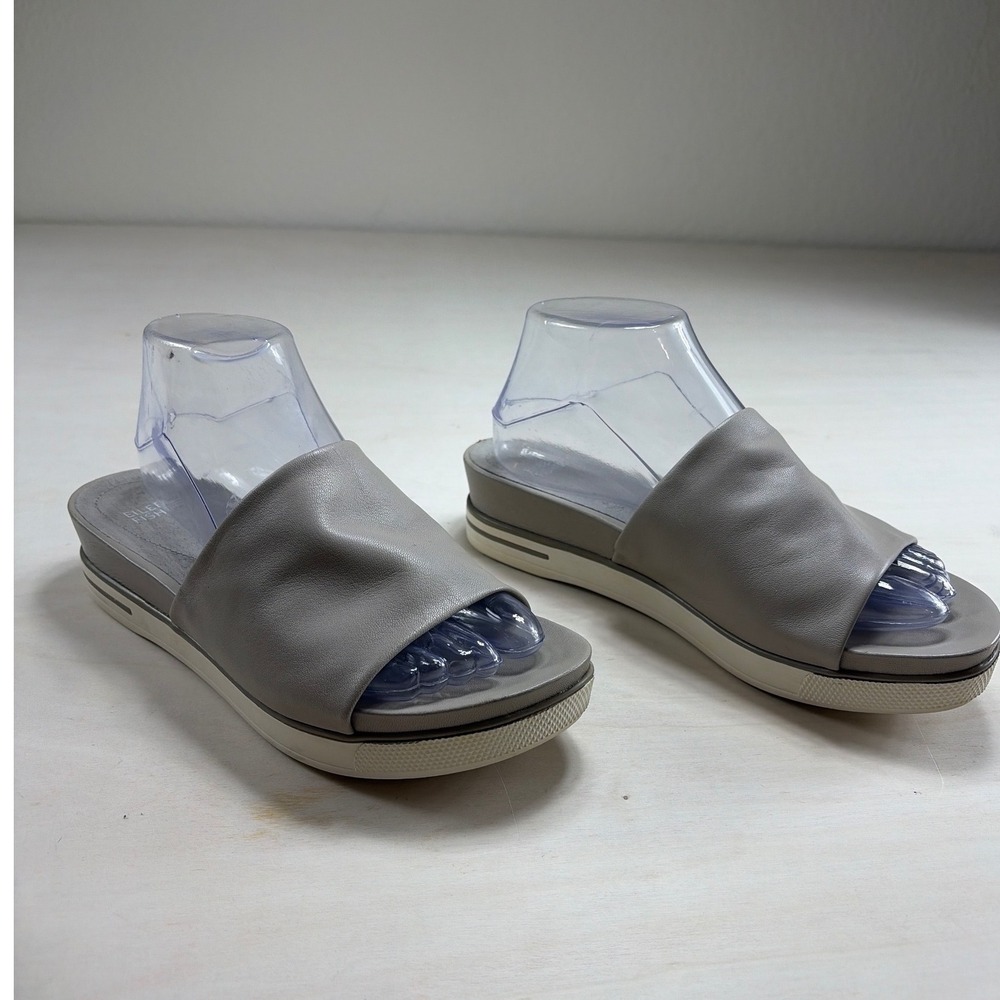 Eileen Fisher Womens Grey Leather Platform Slide Sandals Size 9 Minimalist Stone